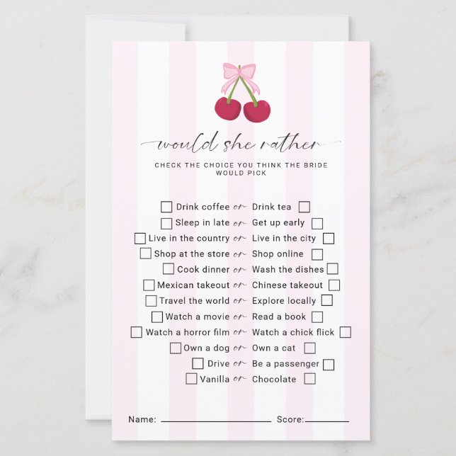 Papier Jeu de fête de mariage 'Would She Rather' Coquette (Devant)
