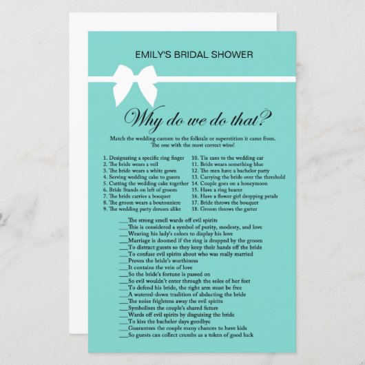 Papier Jeu de Fête des mariées Aqua et Ribbon IMPRIMÉ (Devant / Derrière)