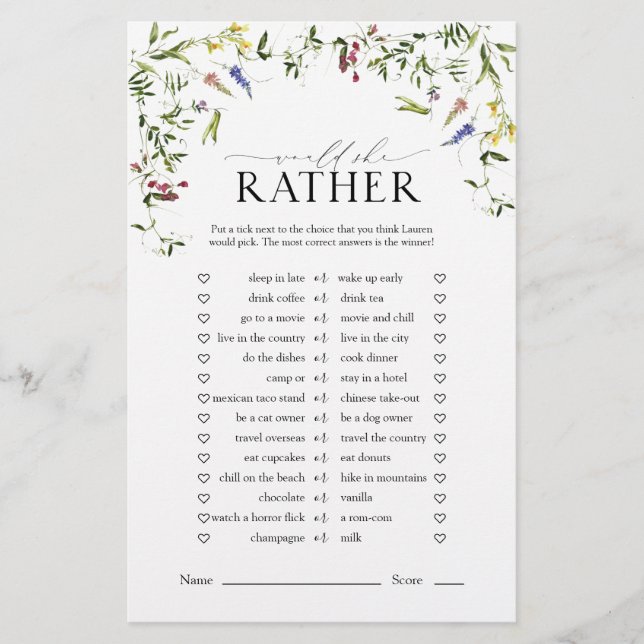 Papier Jeu de Fête des mariées d'aquarelle Fleur sauvage  (Devant)