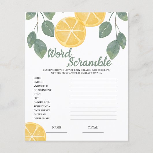 Papier Jeu de Fête des mariées de citron Word Scramble (Devant)
