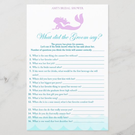Papier Jeu de Fête des mariées de sirène - Qu'a dit Groom (Devant)
