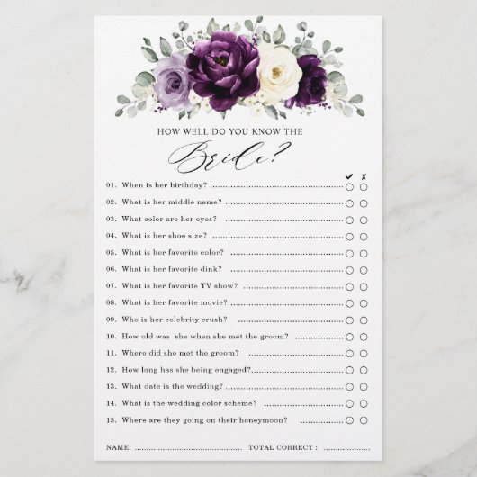 Papier Jeu de Fête des mariées d'ivoire de prune pourpre  (Devant)