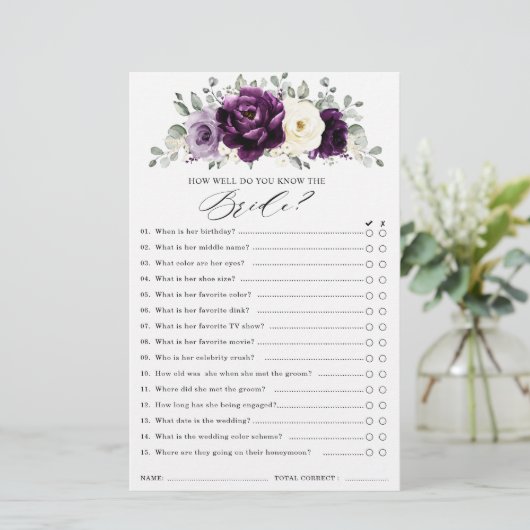 Papier Jeu de Fête des mariées d'ivoire de prune pourpre (Debout devant)