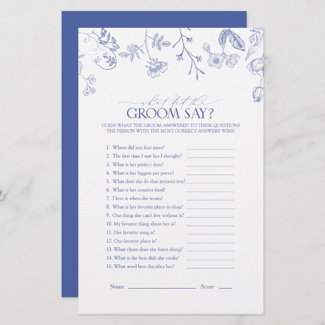 Papier Jeu de Fête des mariées Florale Bleu & Blanc Franç (Devant / Derrière)