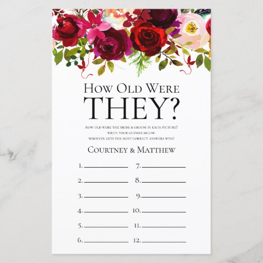 Papier Jeu de Fête des mariées Florale Bourgogne (Devant)