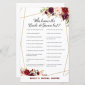 Papier Jeu de Fête des mariées Florale de Bourgogne, Wedd (Devant / Derrière)