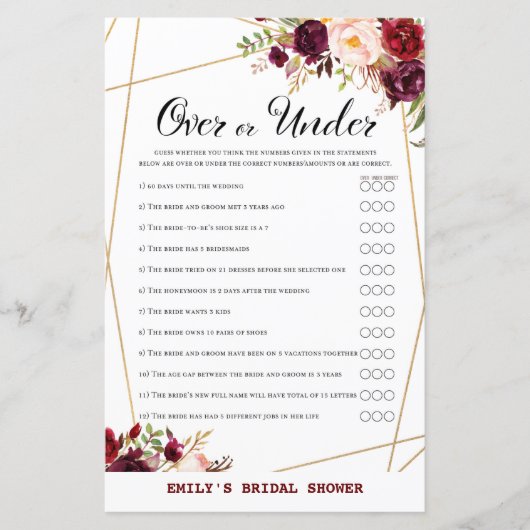 Papier Jeu de Fête des mariées Florale de Bourgogne, Wedd (Devant)