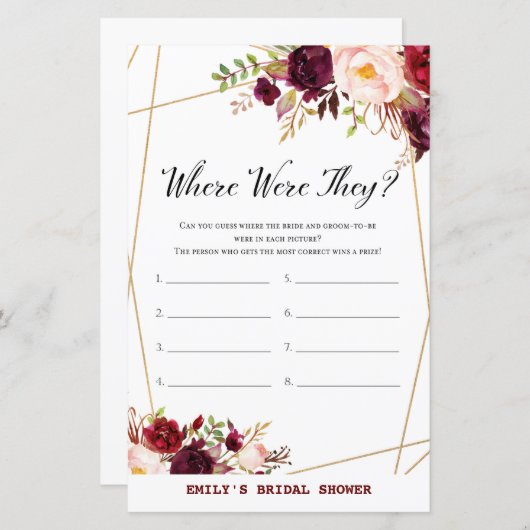 Papier Jeu de Fête des mariées Florale de Bourgogne, Wedd (Devant / Derrière)