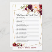 Papier Jeu de Fête des mariées Florale de Bourgogne, Wedd (Devant / Derrière)