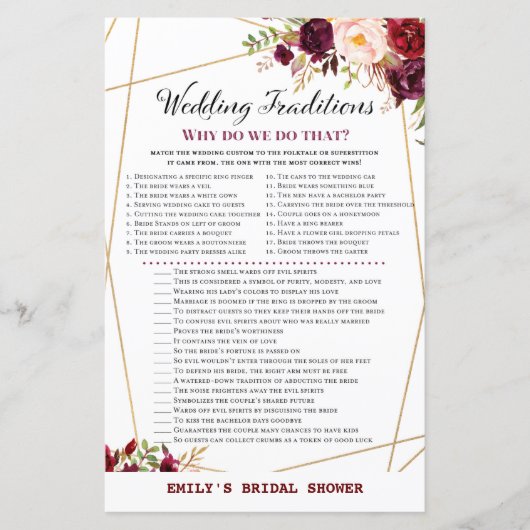 Papier Jeu de Fête des mariées Florale de Bourgogne, Wedd (Devant)