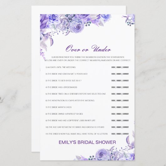 Papier Jeu de Fête des mariées modifiable sur ou sous (Devant / Derrière)