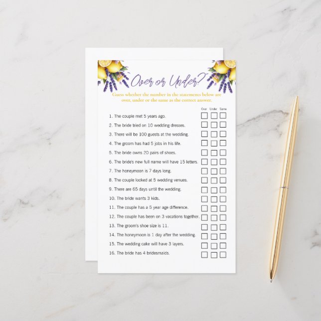Papier Jeu de Fête des mariées "Over and Under" au citron (Devant/Arrière en situation)