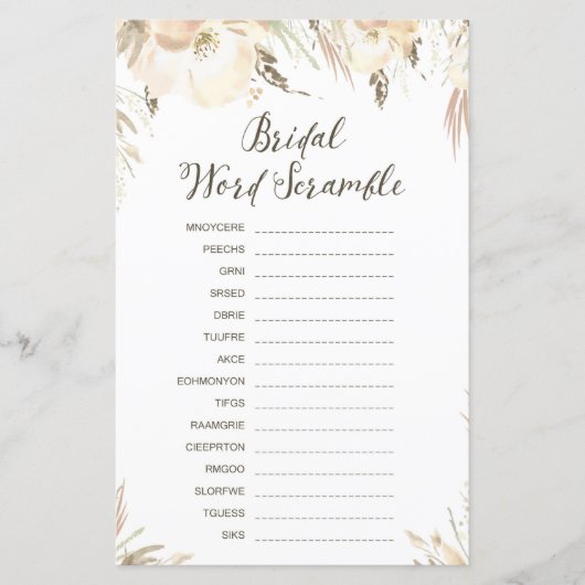 Papier Jeu de Fête des mariées - Rubrique de mots (Devant)