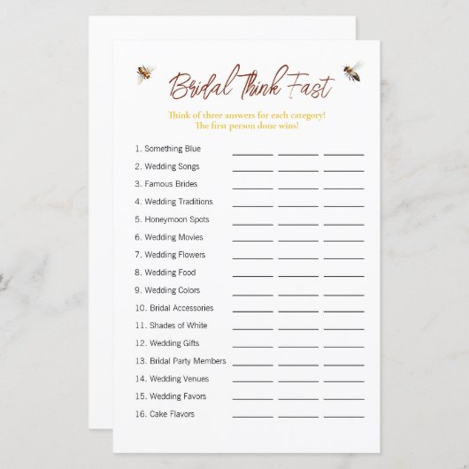 Papier Jeu de Fête des mariées "Think Fast" (Devant / Derrière)