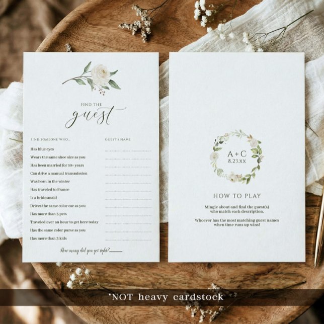 Papier Jeu de Fête des mariées - Trouvez l'invité White F (Printed bridal shower games - find the guest icebreaker game - white floral greenery.)