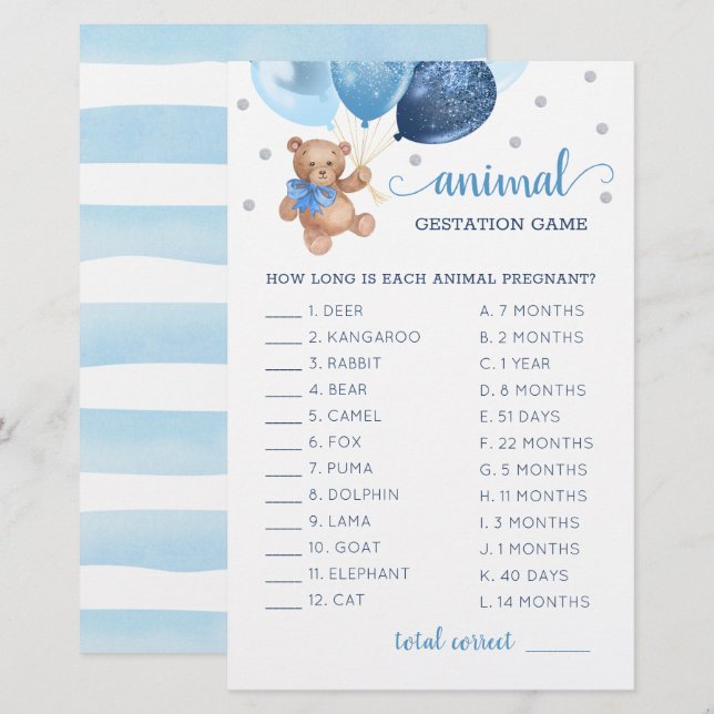 Papier Jeu de gestation d'animaux Ourson Fête prénatale (Devant / Derrière)