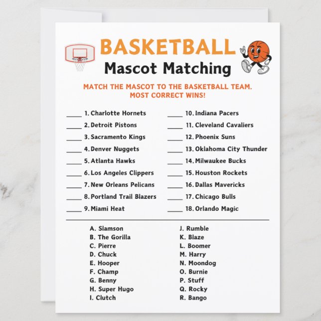 Papier Jeu de jumelage Mascotte de basket (Devant)