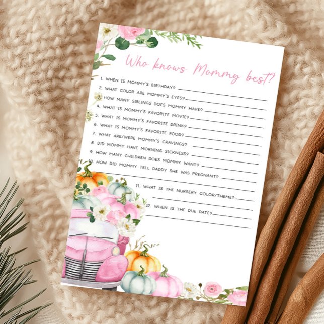 Papier Jeu de la camionnette rose citrouille d'automne qu (Little Pumpkin Pink Truck Baby Shower Who Knows Mommy Best Game)
