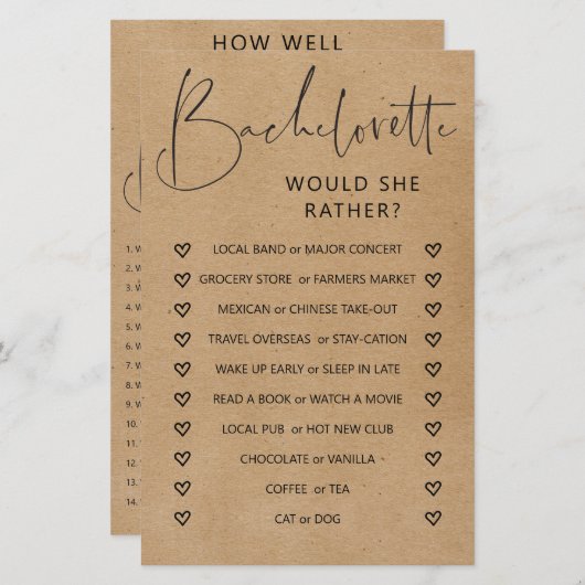 Papier Jeu de la partie de bachelorèse double face (Devant / Derrière)