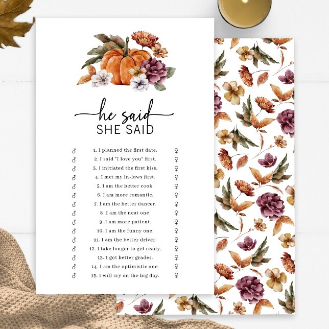 Papier Jeu de l'automne Il a dit Elle a dit (Fall Bridal He Said She Said Game Fall In Love Bridal Shower Pumpkin Florals by Painted Paperie)
