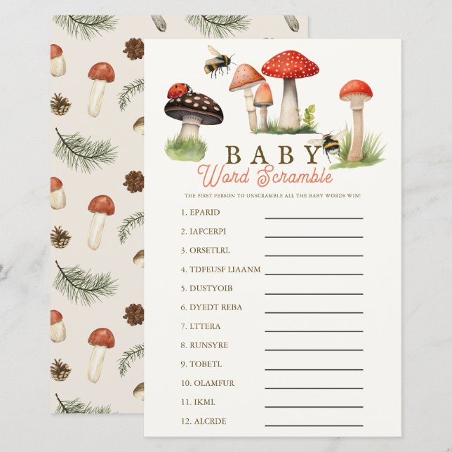 Papier Jeu de lettres mêlées Bébé Petit Garçon Champignon (Devant / Derrière)