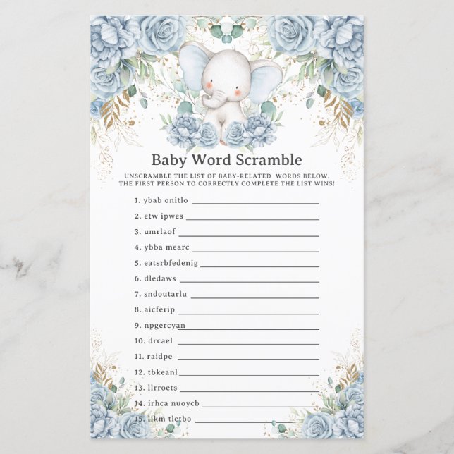 Papier Jeu de lettres mélées pour bébé éléphant garçon bl (Devant)