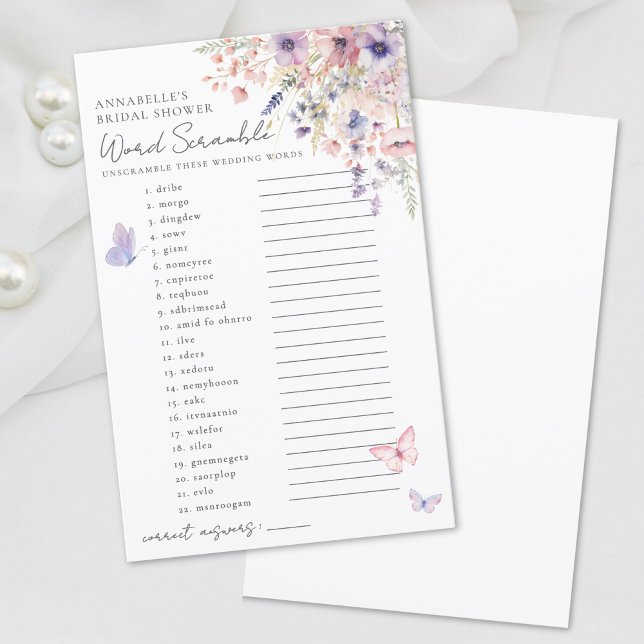 Papier Jeu de lettres Papillon Fleur sauvage Réception de (Word Scramble Butterfly Wildflower Bridal Shower )