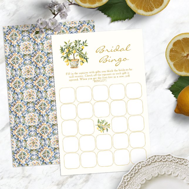 Papier Jeu de mariage au citron (Italian Lemon Bridal Bingo Game Blue Tile Back by Painted Paperie
)
