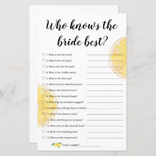 Papier Jeu de mariage au citron - Qui connaît le mieux la (Devant / Derrière)