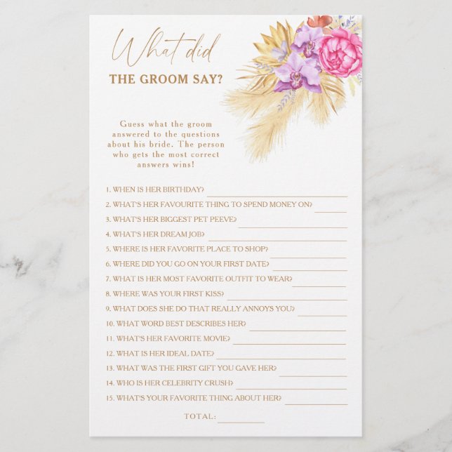 Papier Jeu de mariage boho pampa - Que a dit le marié (Devant)