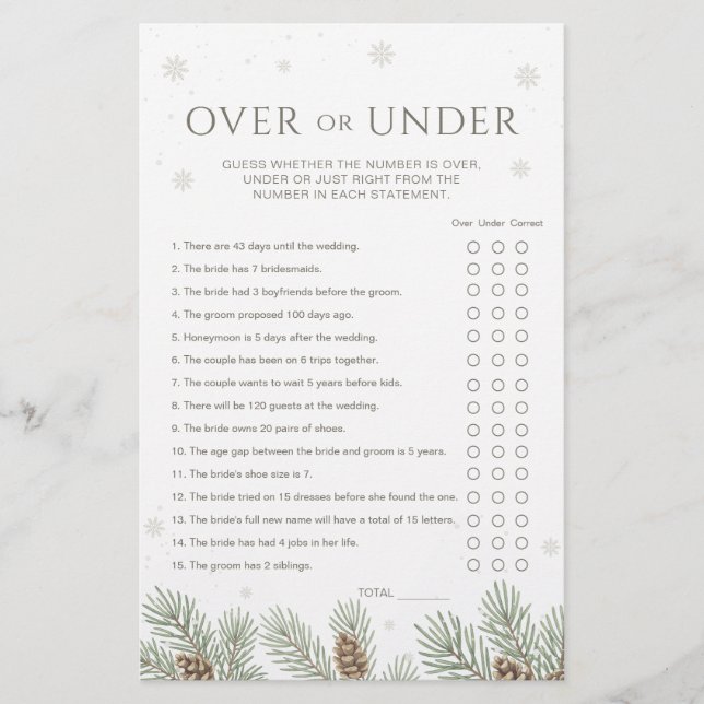 Papier Jeu de mariage d'hiver Over ou Under (Devant)