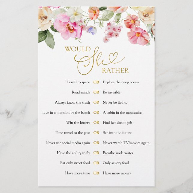 Papier Jeu de mariage floral de printemps : Préférerait-e (Devant)