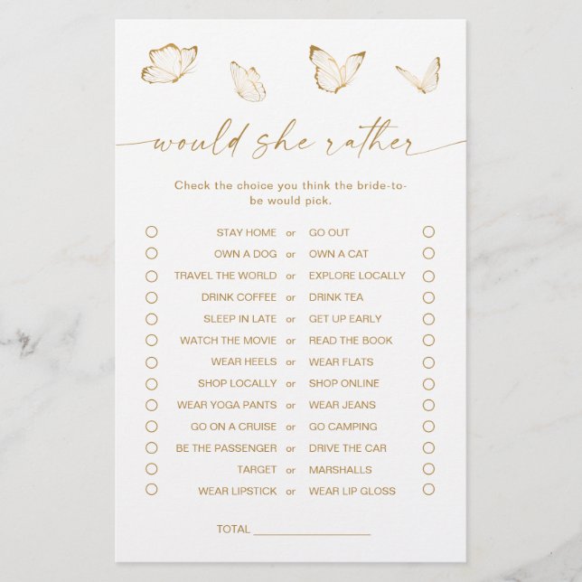 Papier Jeu de mariage papillon doré 'Would She Rather' po (Devant)