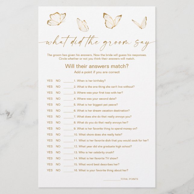 Papier Jeu de mariage papillon Qu'est-ce que le marié a d (Devant)