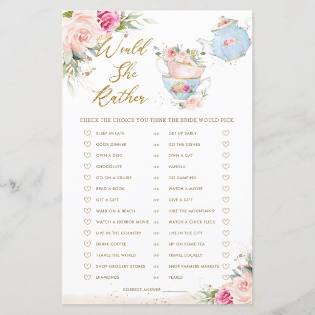 Papier Jeu de mariage 'Would She Rather' sur le thème du  (Devant)