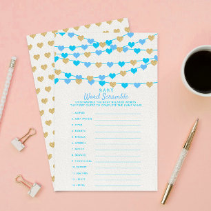 Papier Jeu de mots mêlés Baby Shower "Cœurs d'amour suspe