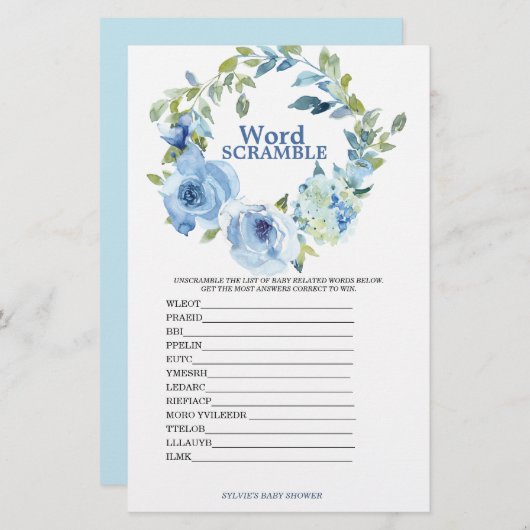 Papier Jeu de mots mêlés Baby Shower Garçon Bleu (Devant / Derrière)
