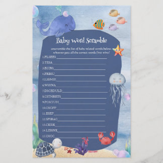 Papier Jeu de mots mêlés Baby Shower sous la mer baleine