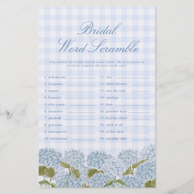 Papier Jeu de mots mêlés bleu pour mariage (Devant)