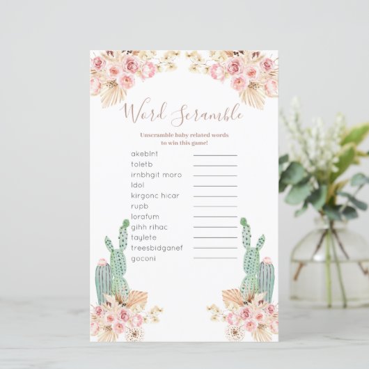Papier Jeu de mots mêlés Boho Cactus Fleurs Roses (Debout devant)