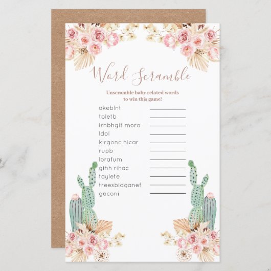 Papier Jeu de mots mêlés Boho Cactus Fleurs Roses (Devant / Derrière)