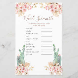 Papier Jeu de mots mêlés Boho Cactus Fleurs Roses