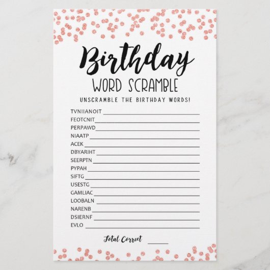 Papier Jeu de mots mêlés d'anniversaire avec réponses (Devant)