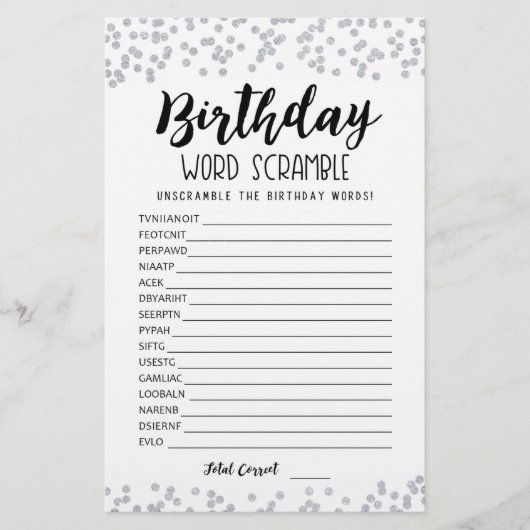 Papier Jeu de mots mêlés d'anniversaire avec réponses (Devant)