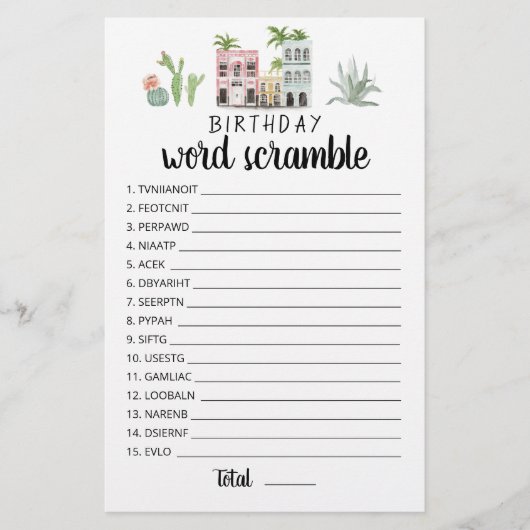 Papier Jeu de mots mêlés d'anniversaire avec réponses (Devant)