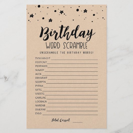 Papier Jeu de mots mêlés d'anniversaire avec réponses (Devant)