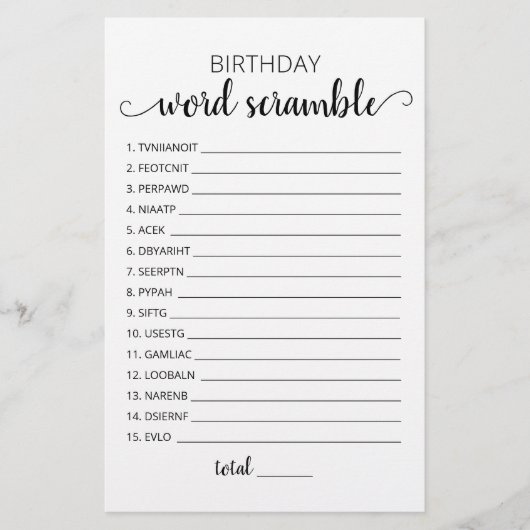 Papier Jeu de mots mêlés d'anniversaire avec réponses (Devant)