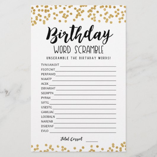 Papier Jeu de mots mêlés d'anniversaire avec réponses (Devant)