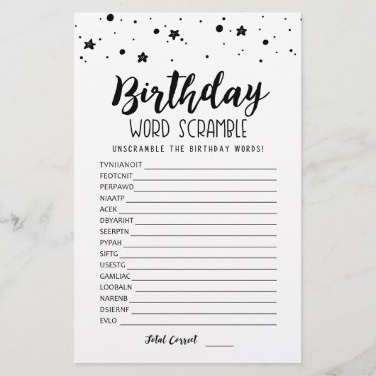 Papier Jeu de mots mêlés d'anniversaire avec réponses (Devant)