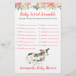 Papier Jeu de mots mêlés pour baby shower de bébé vache